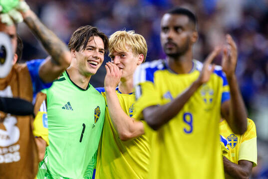 Goalkeeper Jacob Widell Zetterström and Lucas Bergvall of