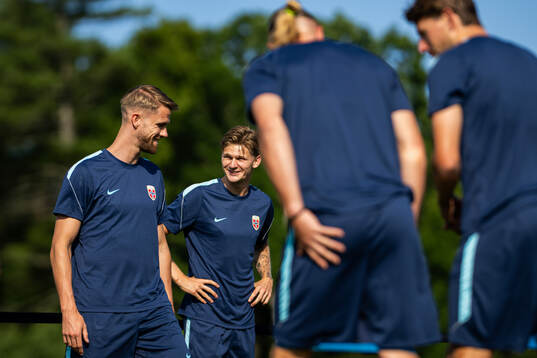 Kristoffer Ajer and David Møller Wolfe of the Norwegian