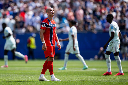 Leo Østigård of Norway looks dejected
