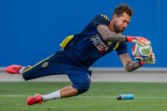 Goalkeeper Kristoffer Nordfeldt of the Swedish national
