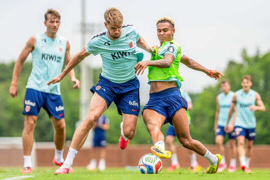Kristoffer Ajer and Antonio Nusa of the Norwegian national