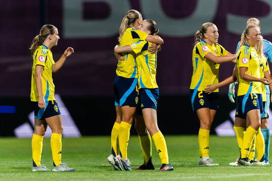Players of Sweden celebrate by hugging