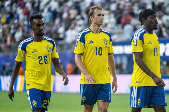 Taha Ali, Benjamin Nygren and Anthony Elanga of Sweden look