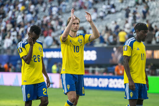 Taha Ali, Benjamin Nygren and Anthony Elanga of Sweden look