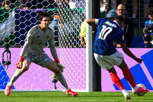 Goalkeeper Jacob Widell Zetterström of Sweden and Kylian