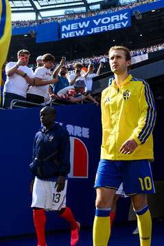 Benjamin Nygren of Sweden enters the pitch