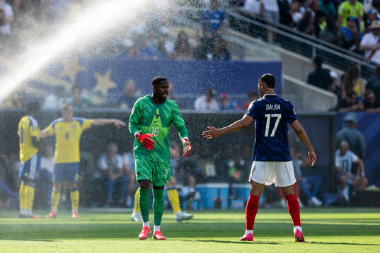 Goalkeeper Mike Maignan and William Saliba of France