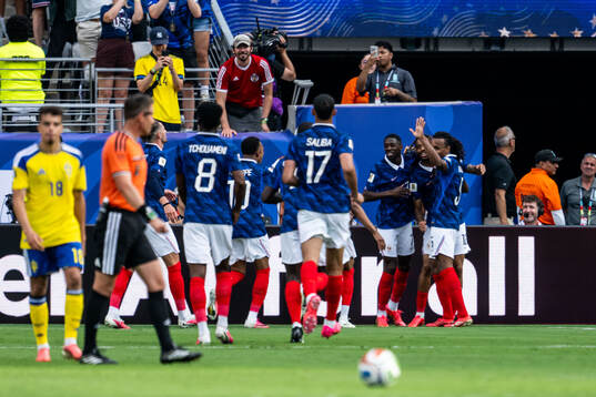 Ousmane Dembele, Jules Kounde and Bradley Barcola of France