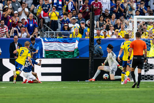 Bradley Barcola of France and goalkeeper Jacob Widell