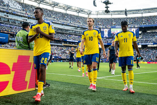 Taha Ali, Benjamin Nygren and Anthony Elanga of Sweden look