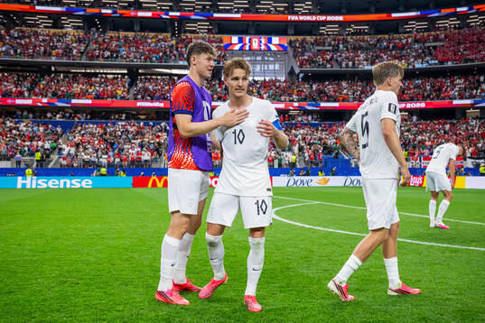 Jørgen Strand Larsen and Martin Ødegaard of Norway