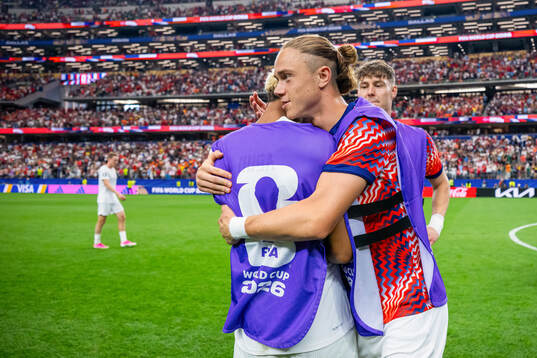 Antonio Nusa and Thelo Aasgaard of Norway celebrate