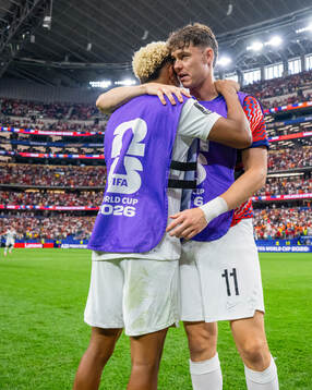 Antonio Nusa and Jørgen Strand Larsen of Norway celebrate