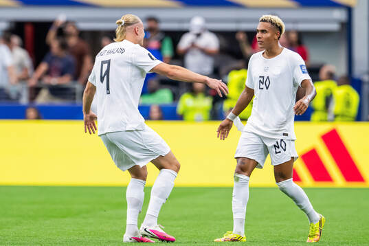 Antonio Nusa of Norway celebrates with teammate Erling