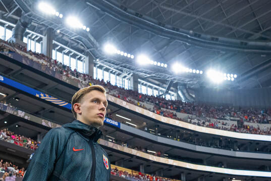 Marcus Holmgren Pedersen of Norway enters the pitch