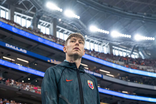 Jørgen Strand Larsen of Norway enters the pitch
