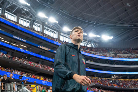 Jørgen Strand Larsen of Norway enters the pitch