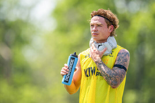 Patrick Berg of the Norwegian national football team cools
