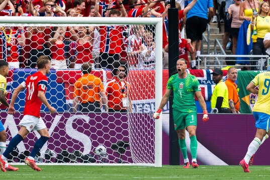 Goalkeeper Ørjan Nyland of Norway reacts