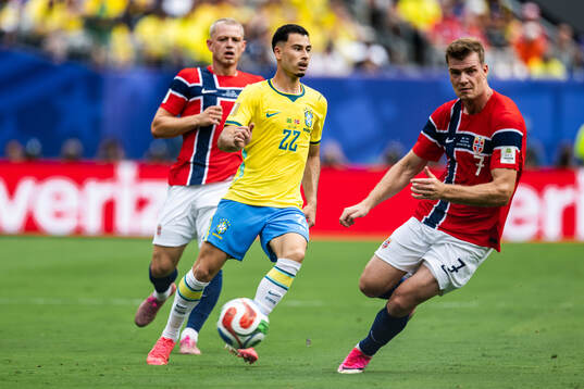 Gabriel Martinelli of Brazil and Alexander Sørloth of