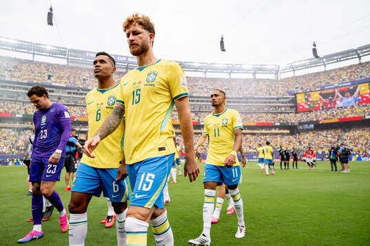 Alex Sandro, Leo Pereira and Raphinha of Brazil