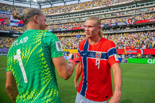 Goalkeeper Ørjan Nyland and Erling Braut Haaland of Norway