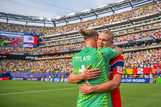 Goalkeeper Ørjan Nyland and Erling Braut Haaland of Norway