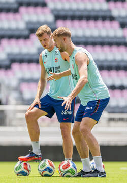 Alexander Sørloth and Kristoffer Ajer of the Norwegian