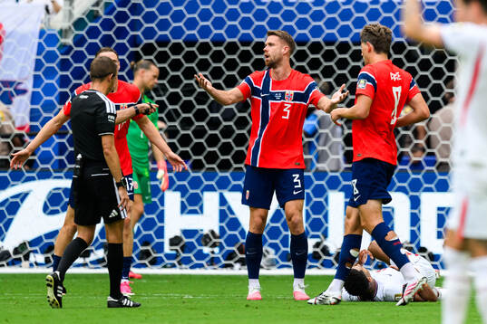 Kristoffer Ajer of Norway reacts