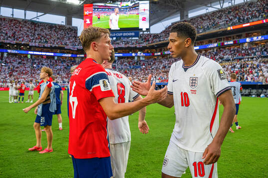 Marcus Holmgren Pedersen of Norway and Jude Bellingham of