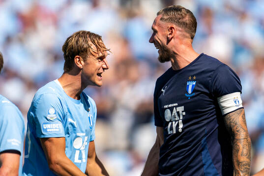 Malmö FFs målvakt Robin Olsen och Erik Botheim jublar