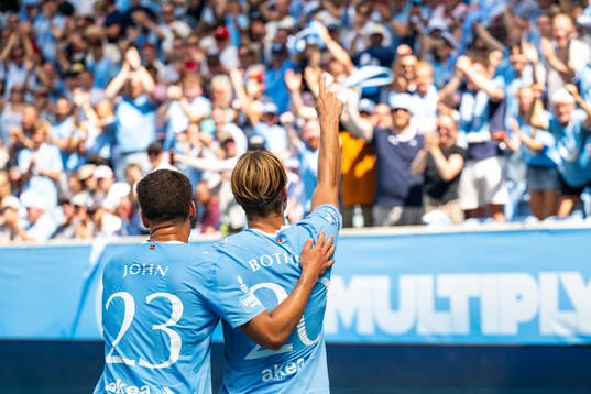 Malmö FFs Noah Åstrand John och Erik Botheim jublar