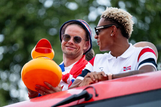 Ørjan Nyland and Antonio Nusa of Norway at a team reception