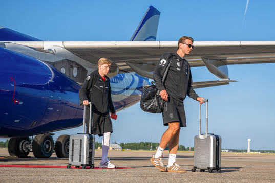 Jens Petter Hauge and Sander Berge of Norway arrive at Oslo
