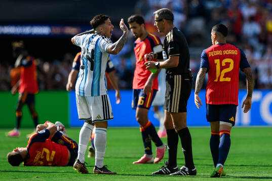 Enzo Fernandez of Argentina and Referee Slavko Vincic