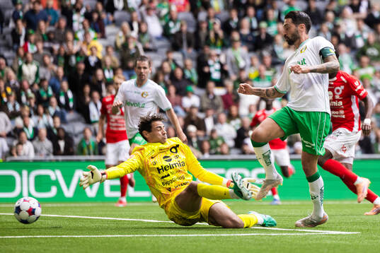 Degerfors målvakt Matvei Igonen och Hammarbys Nahir Besara