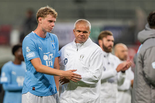 Malmö FFs Bleon Kurtulus och huvudtränare Gaute Helstrup