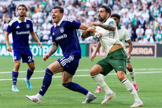 Giulian Biancone of Anderlecht and Nahir Besara of Hammarby
