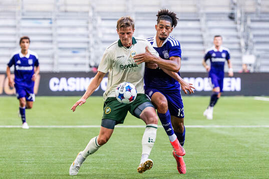 Frederik Winther of Hammarby and Nathan Saliba of Anderlecht