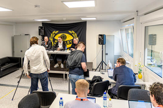 Coach Karl Marius Aksum of Mjällby at the press conference