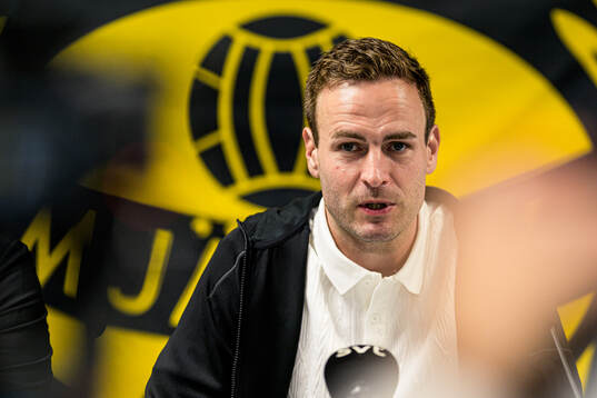 Coach Karl Marius Aksum of Mjällby at the press conference