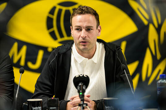 Coach Karl Marius Aksum of Mjällby at the press conference