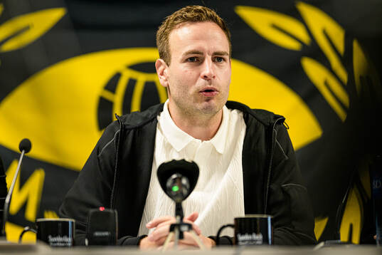 Coach Karl Marius Aksum of Mjällby at the press conference