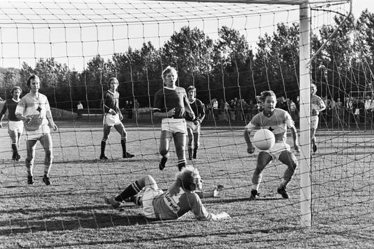 Bollen på väg in i mål bakom hässleholms målvakt Claes
