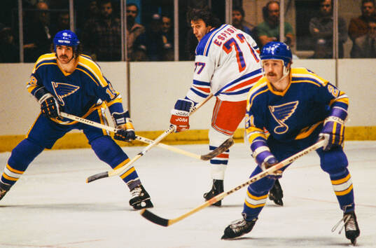 Harvey Bennett and Mike Zuke of St Louis Blues against Phil