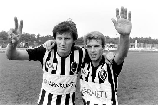 Landskronas målskyttar Per-Åke Theander och Tommy Larsson