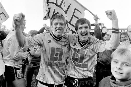 Mjällbys målskyttar Peter Stridfeldt och Lennart
