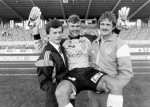 Håkan Sundin, manager, Bengt Nilsson, målvakt och Jan