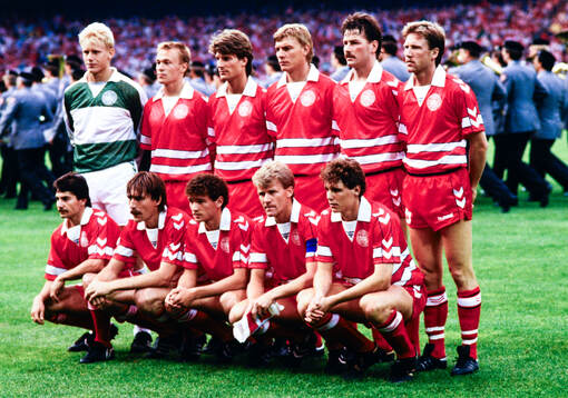 Denmarks starting lineup (L-R). Back row: Peter Schmeichel,