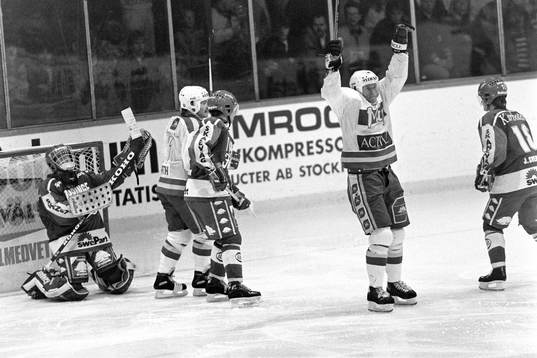 Pucken i mål bakom Magnus Swärdh, målvakt i Tyringe och